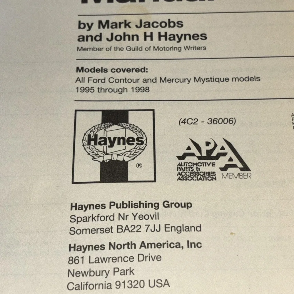 Haynes 36006 Ford Contour Mercury Mystique Repair Manual 1995 1996 1997 1998